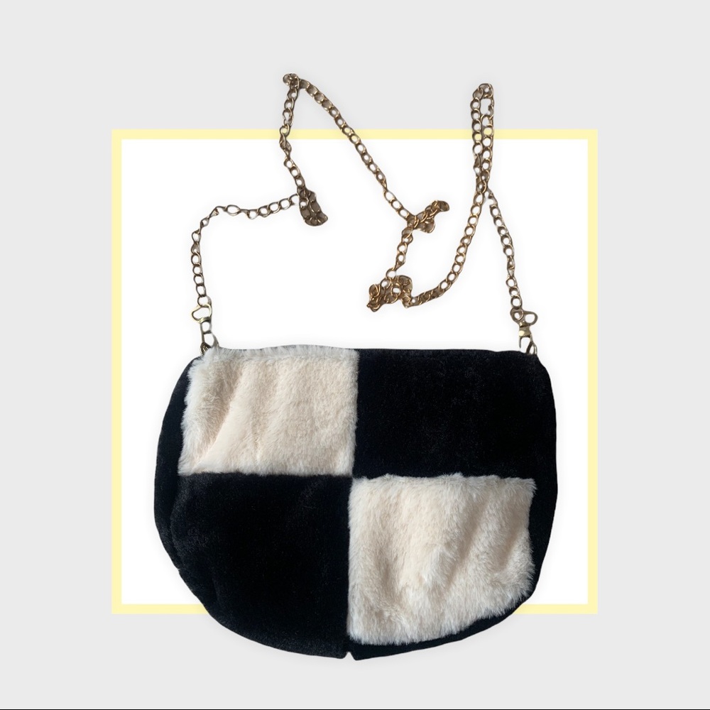 Faux fur black white checkered cross body bag